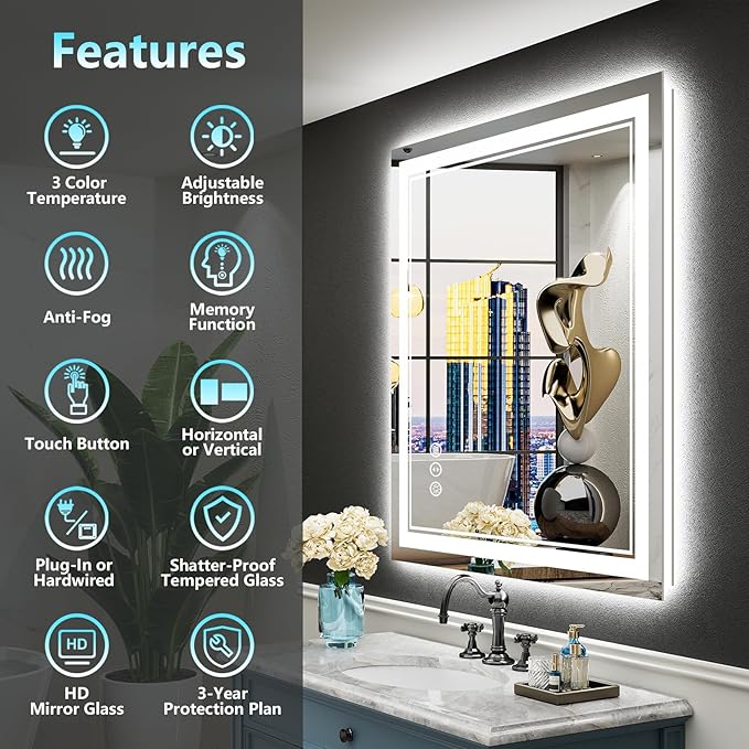 24x30 LED Bathroom Mirror with Lights, Backlit and Front Lit Anti-Fog Lighted