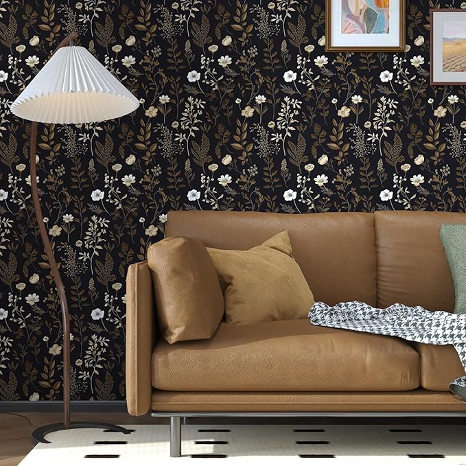 Vintage Dark Floral Wallpaper, Moody Black Leaf Botanical Removable Contact