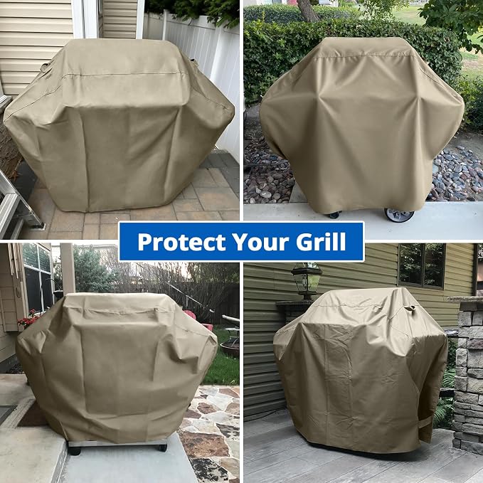 SunPatio BBQ Grill Cover for Outdoor Grill 65 Inch, Heavy Duty Waterproof Barbecue Cover with Sealed Seam, FadeStop All Weather Protection Compatible for Weber CharBroil Nexgrill and More, Taupe