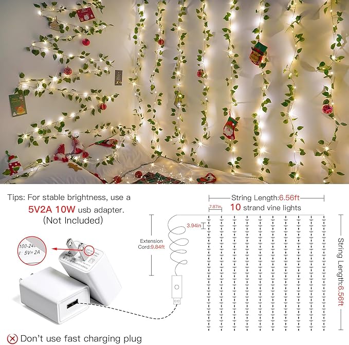 suddus Vines with Lights, 200 LED Fairy Lights with Vines, Pothos Curtain