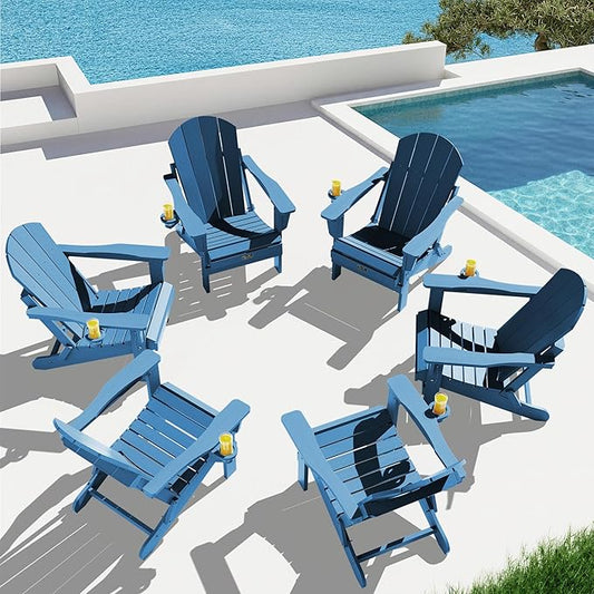 SERWALL Folding Adirondack Chair Set of 6, Weather Resistant HIPS Lawn Chairs with Cup Holder for Garden Outdoors Fire Pit- Sapphire