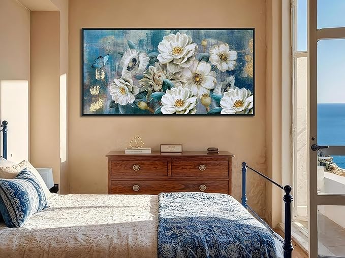 Arjun Black Framed Flower Canvas Wall Art for Living Room White Modern Painting for Bedroom Textured Gold Turquoise Picture Floral Teal Artwork Large Home Office Wall Decor 40"x20"