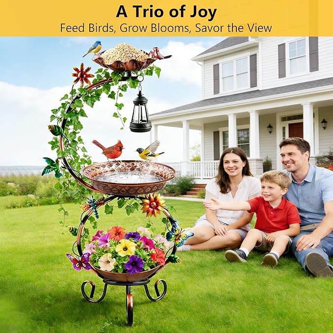 Metal Bird Bath for Outside, 3 in 1 Large Bird Birdbaths for Outdoors with Solar Lamp & Flower Planter Pedestal, Vintage Freestanding Bird Feeder Water Bowl for Garden Yard Lawn Decor, Bronze