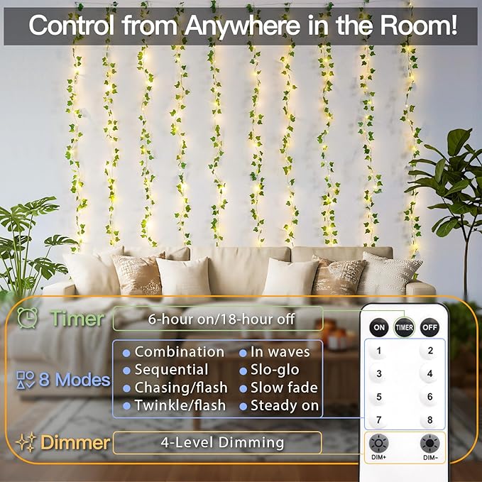 suddus 300 LED Vines with Lights Plug in, 9.8ft x 9.8ft Fairy Lights with Vines