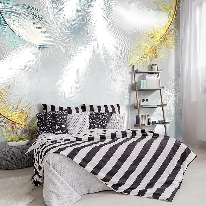 -Gold Modern Feather Fabric Wallpaper Living Room Bedroom Bathroom Large Wall