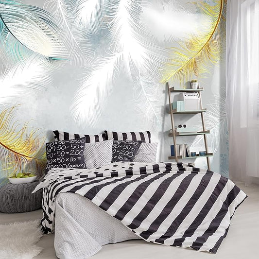 -Gold Modern Feather Fabric Wallpaper Living Room Bedroom Bathroom Large Wall