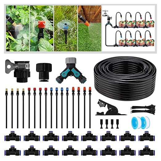 Garden Drip Irrigation Kit, 100ft Black Hose, 360Â° Pure Copper Closeable Nozzle, Patio Misting Plant Watering Sprinkler, Faucet Separator, Sprinkler Hose Adapter (16 360Â° nozzles + 16 T-connectors)