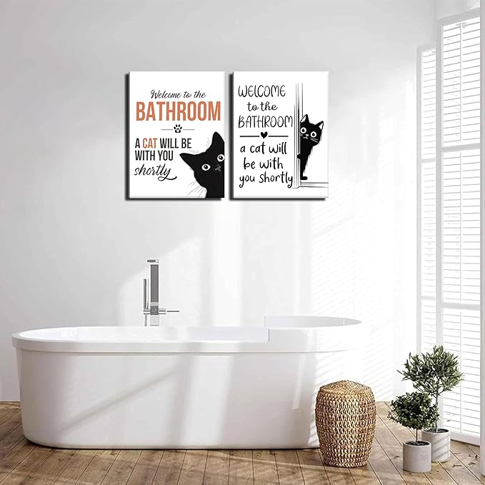 MUWAK Funny Welcome to the Bathroom Slogan Wall Art Set of 2 – Cat will Be