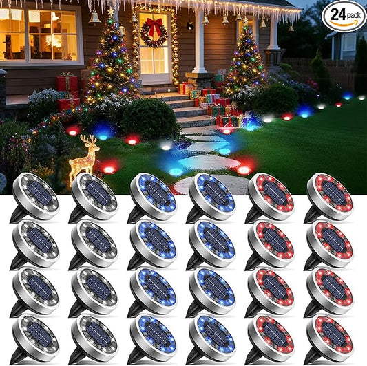 btfarm 24 Pack Solar Lights Outdoor, 8 LED Solar Ground Lights IP65 Waterproof Flat Solar Disc Light, Pathway Lights for Garden Lawn Yard Christmas Decorations, Red+Blue+Cool White