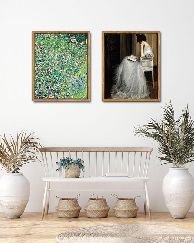 UPWOIGH 16x24 in Large Framed Wall Art, Gustav Klimt Green Botanical Oil Painting Canvas, Vintage Italian Garden Floral Landscape, Retro Moody Wall Decor for Living Room Bedroom, 1 Pack Gift