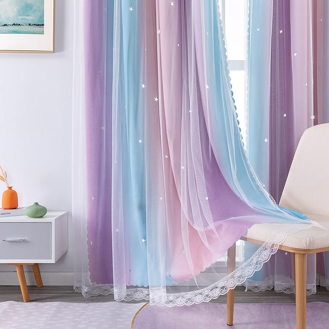 XiDi Curtains for Bedroom Decor, Kids Room Curtains for Girls Rainbow Colour