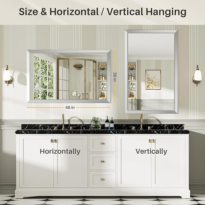 48x30 Inch Brushed Silver Bathroom Mirror