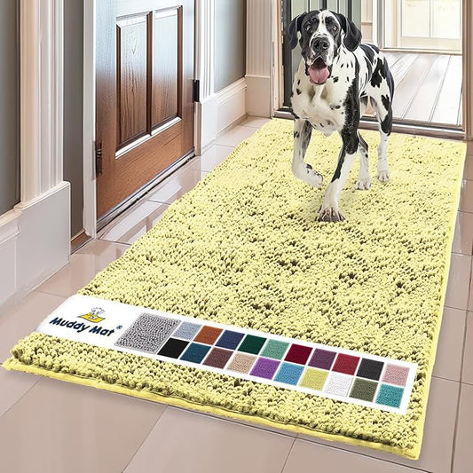 Muddy MatÂ® | Super Water Absorbent Door Mat Indoor, Microfiber Quick Dry Chenille Entryway Rug, Slip Resistant Front Door Mat, Indoor Mats for Entryway, Machine Washable Pet Rug, Yellow 24" x 96"
