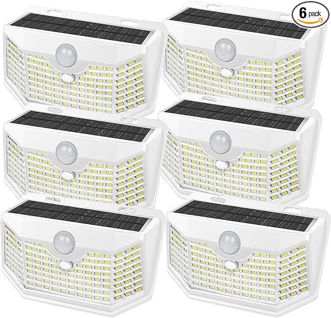 HMCITY 120 LED Solar Lights Outdoor with Motion Sensor and 3 Lighting Modes, IP65 Waterproof Wide Solar Wall Lights Ideal for Garden Patio Yard (Front Button 6Packs, White Shell-Daylight White)