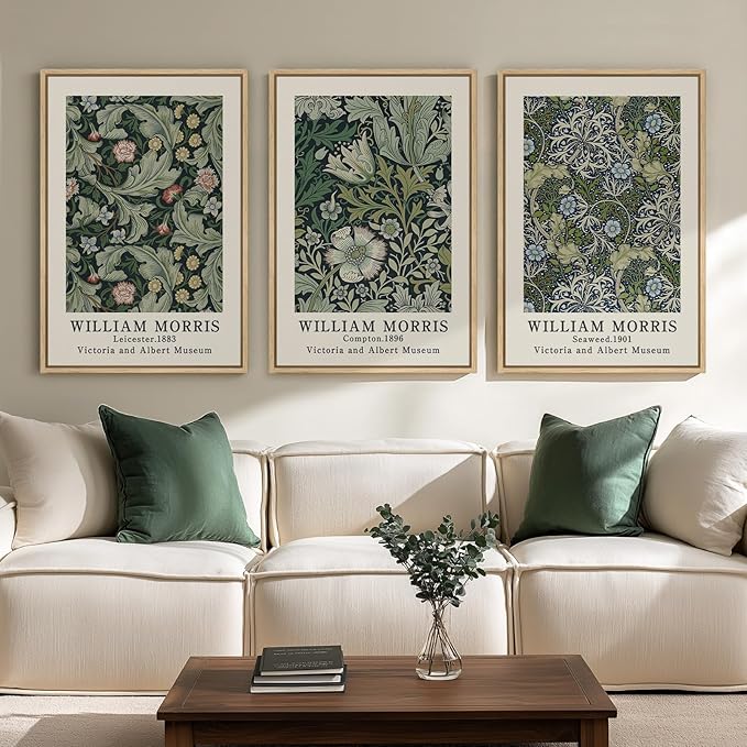 Large Framed William Morris Green Wall Art, 3 Piece Vintage Floral Canvas Prints