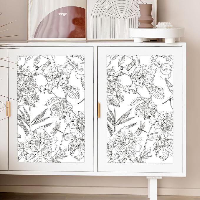 Jiffdiff White and Black Wallpaper Peel and Stick Sketched Peony Floral