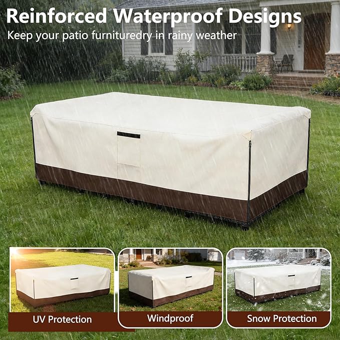 Patio Furniture Covers Waterproof,600D Heavy Duty Patio Cover for 6/7/8 PCS Sets Sectional Sofa Couch Dining Rocking Swivel Chairs Ottomans Coffee Table,88L x 62W x 28H inch Beige & Brown