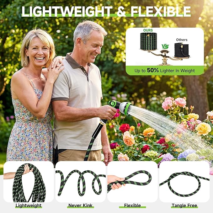 Garden Hose 25 ft Flexible Water Hose Non-Expanding Lightweight Kink-Free Hoses Durable Leak-Proof High Pressure Pipe with 3/4” Brass Fitting 10 Function Nozzle for Outdoor Yard Lawn Car Wash