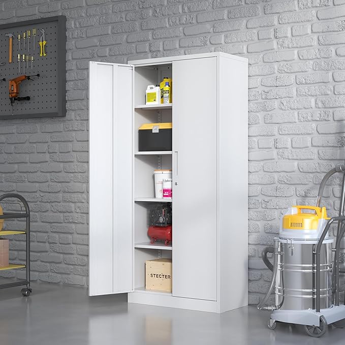 Metal Storage Cabinet with Adjustable Shelves, Garage Tool Cabinet with 2