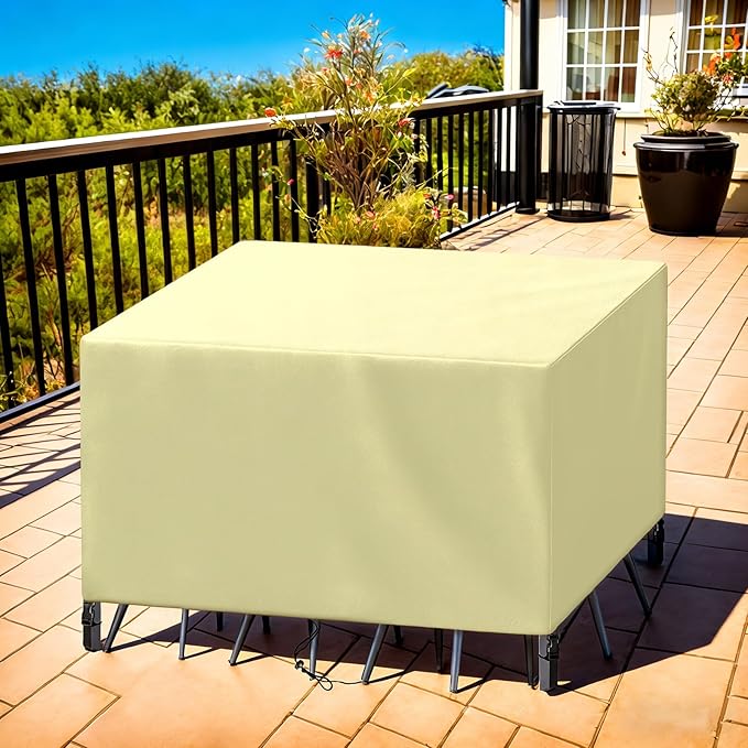 Patio Furniture Cover Rectangle 88"(L) x 32"(W) x 40"(H), Custom Heavy Duty 420D Waterproof Outdoor Cover with Drawstring & Buckles for Table Chair Garden, Cream