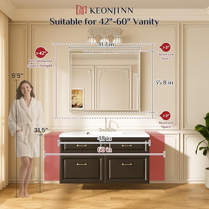 Keonjinn 42" x 36" Brushed Nickel Bathroom Vanity Mirror, Large Silver Bathroom