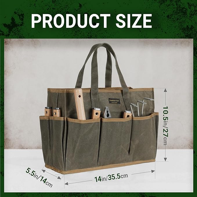 Waxed Canvas Tool Bag Tote, 14 Inch Heavy Duty Tool Organizer with 10 External Pockets & 1 Large Compartment, Army Green