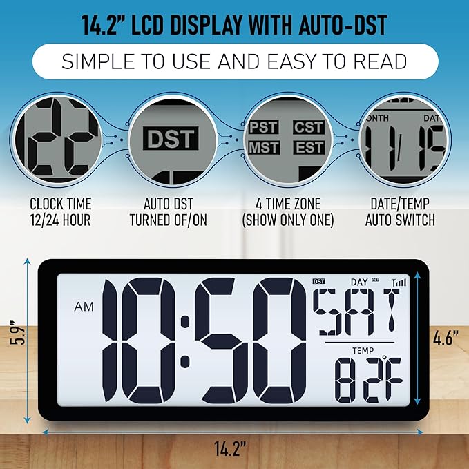 TXL Atomic Clock with Backlight, 14.2" Large Digital Wall Clock Battery Operated
