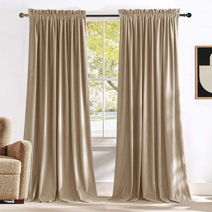 NICETOWN Beige Velvet Curtains Long Drapes, Living Room Office Luxury Bedroom