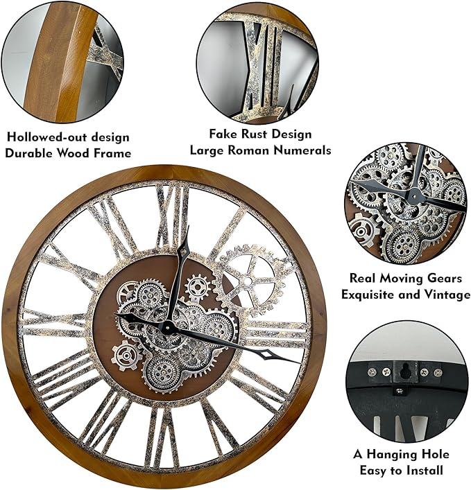 The B-Style Large Real Moving Gears Wall Clock 30 inch Rustic Retro Industrial