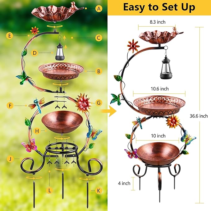 Metal Bird Bath for Outside, 3 in 1 Large Bird Birdbaths for Outdoors with Solar Lamp & Flower Planter Pedestal, Vintage Freestanding Bird Feeder Water Bowl for Garden Yard Lawn Decor, Bronze