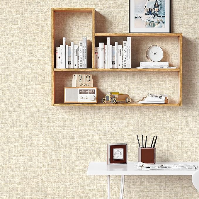 Beige Grasscloth Peel and Stick Wallpaper 17.3"x160" Faux Linen Textured