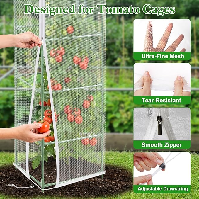 6 Pcs Tomato Netting for Garden Protection, 57" X 17.7" X 17.7" Square Tomato Cage Insect Barrier Plant Netting Mesh Cover with Zipper & Drawstring, for Vertical Climbing Plants Vegetables Fruits