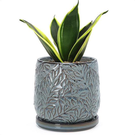D'vine Dev 5 Inch Embossed Leaves Stoneware Planter Pot with Drainage Hole and Saucer, Graphite Blue, 27-A-V-9