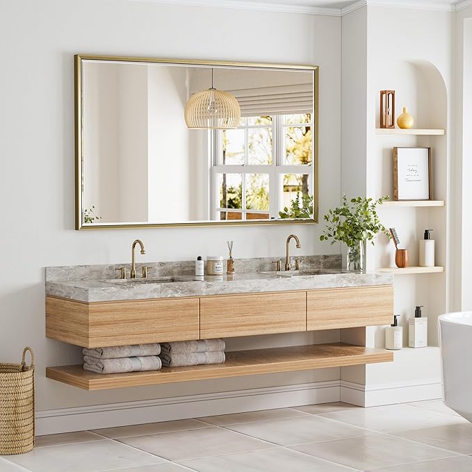 60 x 36 Gold Bathroom Mirror, Brushed Gold Beveled Bathroom Mirror,