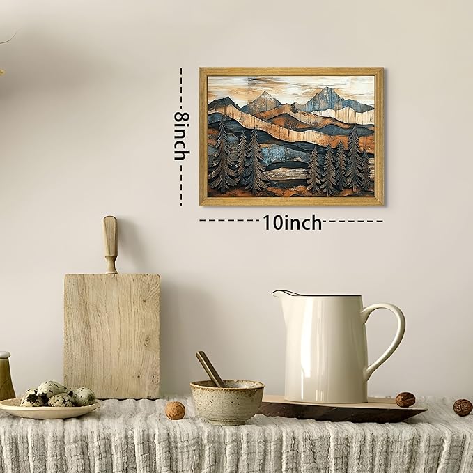 Vintage Boho Mountain Wall Art, Framed Landscape Canvas Wall Art, Nature Forest