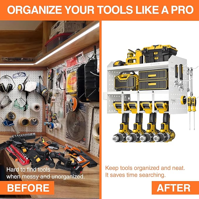 Power Tool Organizer Wall Mount - 3 Layer Heavy Duty - Cordless Tool Organizer, 4 Drill Hanger, Modular Battery Tool Organizer Wall Mount - Garage/Workshop Storage Peg Board Utility Rack