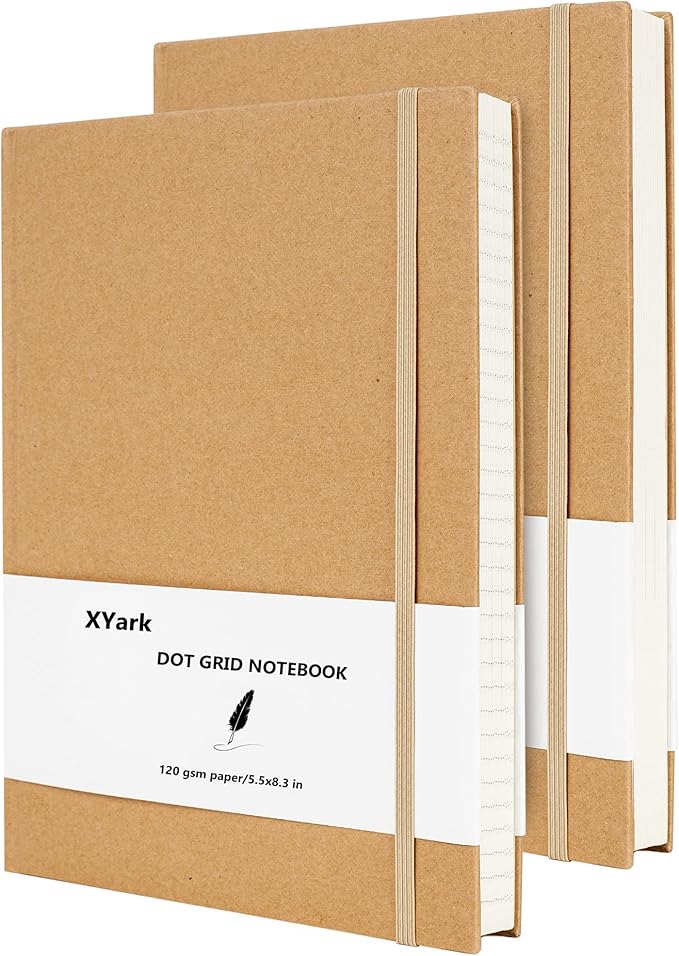 XYark A5 Dot Grid Kraft Notebook Journals, Hardcover Subject Sketchbook Composition Notebooks with Dotted Grid Paper, 2 Pack, 120GSM, 102 Sheets, 5.5x8.3 inch, Travel Journal Set