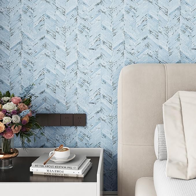 Livelynine Blue Fabric Wallpaper Peel and Stick Prepasted Herringbone Faux