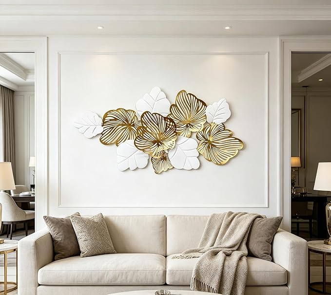 Roivikis Large Metal Wall Art Decor, 3D Abstract White & Gold Floral Leaves Wall Art, Handcrafted Modern Metal Wall Sculpture for Living Room, Bedroom, Entryway, 53.2" × 27"