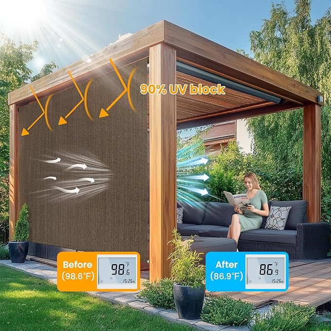 6'W x 6'H Mocha Patio Shades Roll up Outdoor Roller Shade Crank Wand Blind