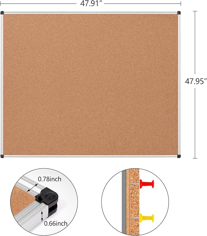 Large Cork Bulletin Board 48" X 48", Wall Mounted Notice Pin Board