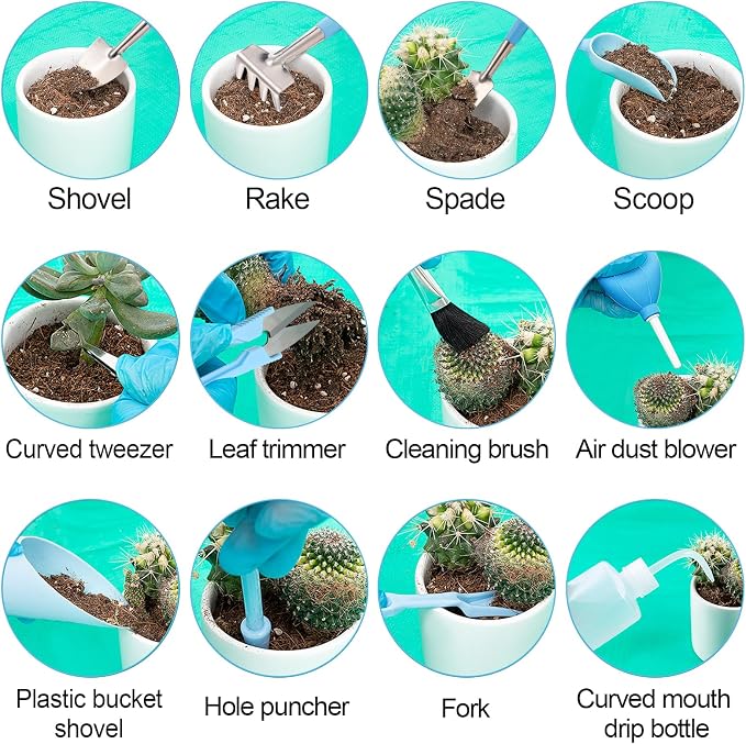 20pcs Small Gardening Tools Gifts for Women Beginners - Garden Hand Tools Set for Indoor Succulent Bonsai Plants Transplanting, Included 39" Plant Repotting Mat/Miniature Shovel/Labels, Blue