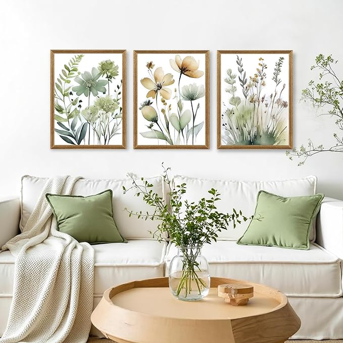 SYWENNOI Wood Framed Green Botanical Canvas Wall Art, Boho Floral Watercolor