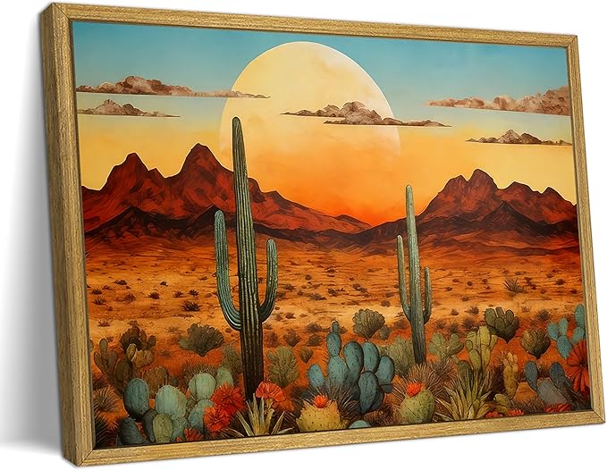 Framed Western Desert Sunset Cactus Wall Art, Vintage Southwest Nature