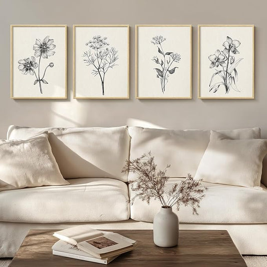 Framed Minimalist Black and White Floral Wall Art, 4 Piece Neutral Rustic