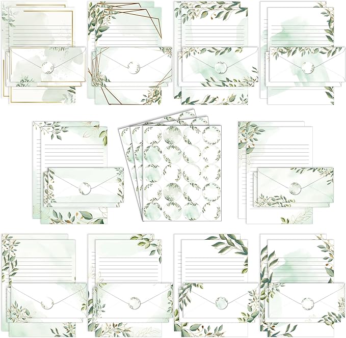 TaoBary 160 Pcs Stationery Paper Set 50 Double Sided Stationery Papers with 50 Matching Envelopes and 60 Round Dot Sticker, 10 Design(Green Leaves,8.5 x 11 Inch)