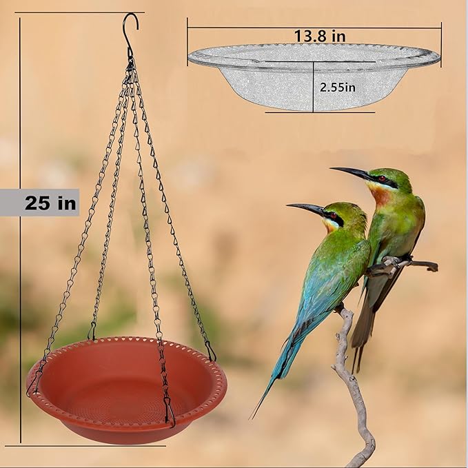 Large Hanging Bird Feeder Tray 14 inch with Drainage Holes Fit Most Seed, Bird-Feeder Hanging for Garden Yard Outside, Terracotta
