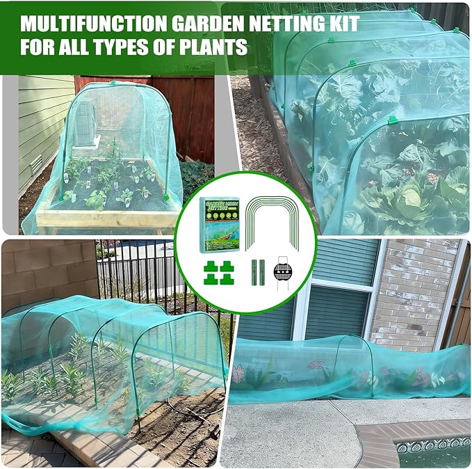 Garden Mesh Netting Kit, 10x30FT Green Ultra Fine Netting with 6 Sets Wide Garden Hoops & 18 Clips, Raised Garden Bed Netting with Frame, Row Cover, Plant Barrier for Vegetables Fruits