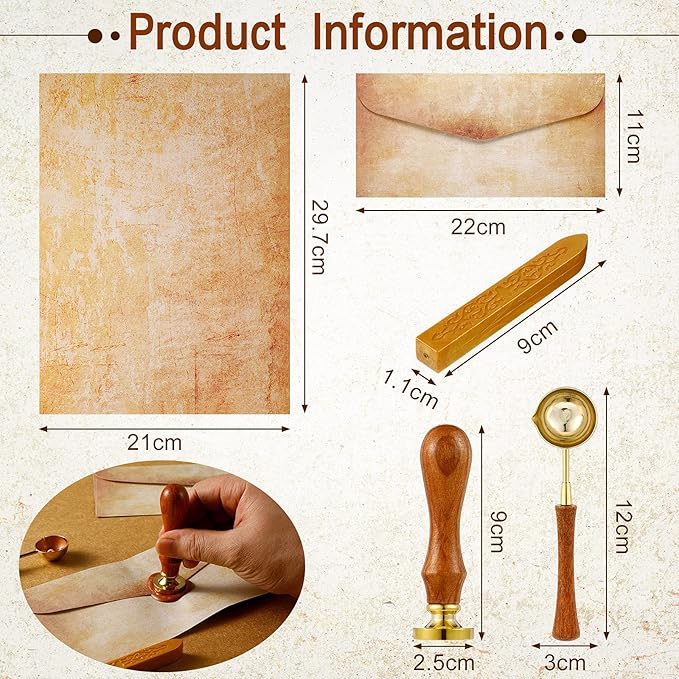 33 Pieces Vintage Paper and Envelopes Set, Including 12 Writing Stationery Paper Letter 12 Envelopes Sealing 6 Wax Sticks Seal Stamp Tea Candles and Wax Spoon for Stamp