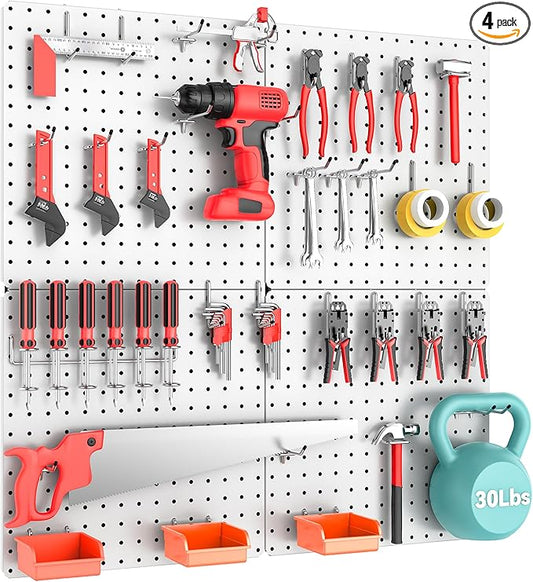 Peg Board, Total 32” x 32”, 4 Pack White Peg Board Panels, 50lbs Load Capacity
